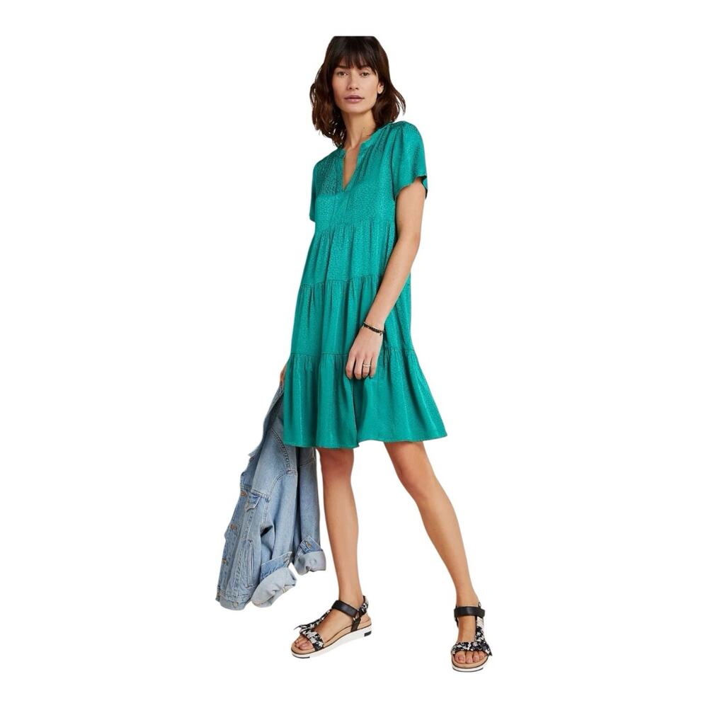 Anthro Maeve Green Small Tainia Sacha Tiered Tunic v Neck oversize Dress NEW
